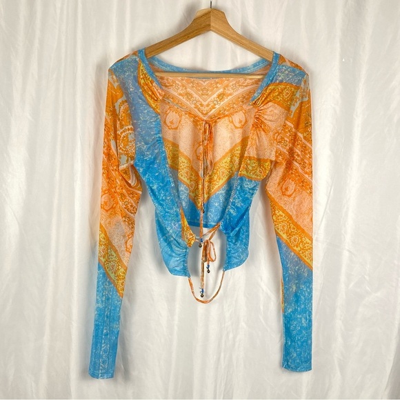 Free People Women's Paisley Boho Long Sleeve Mesh Cropped Open Back Top Size XS - Picture 8 of 16